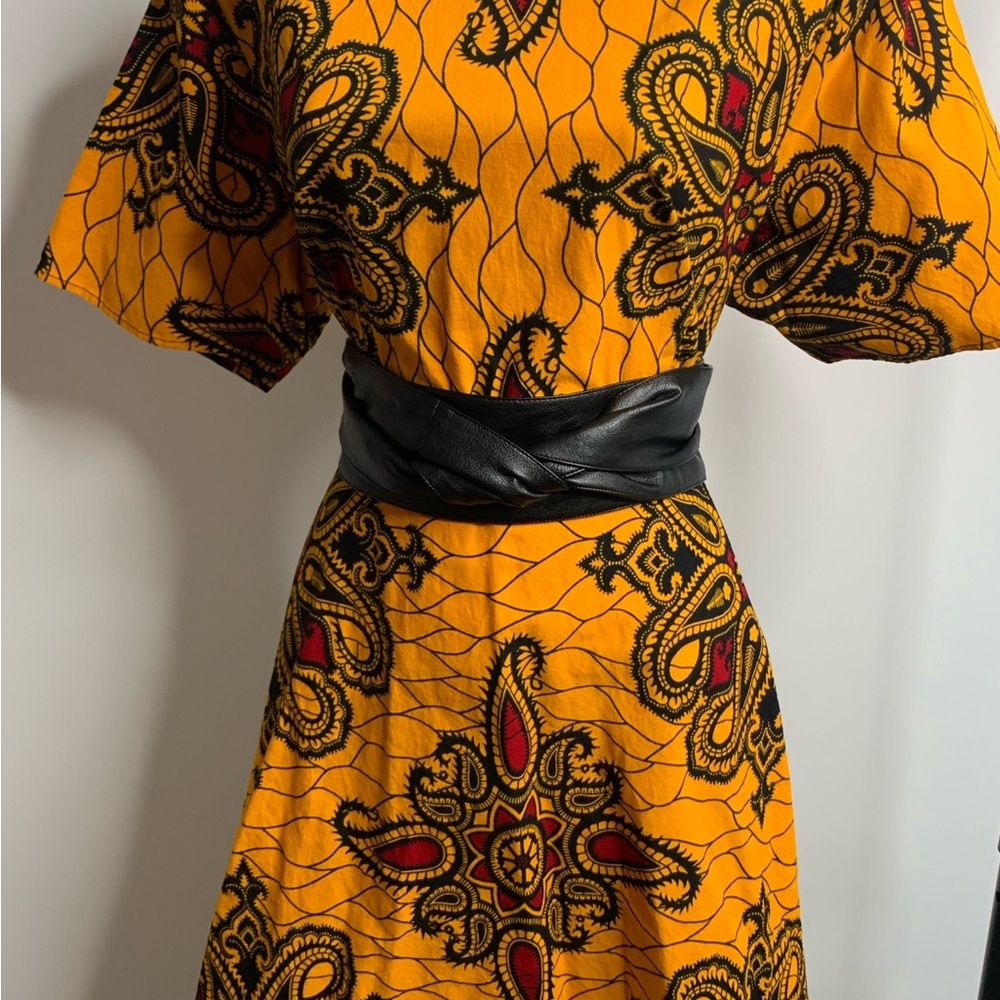 Yellow Patterned Women's Dress with Black Belt